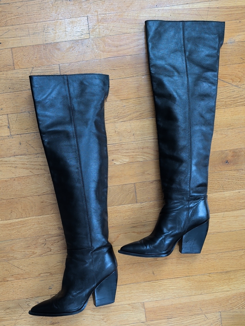 AllSaints Reina Black Leather Over-the-Knee Pointed Toe Boots